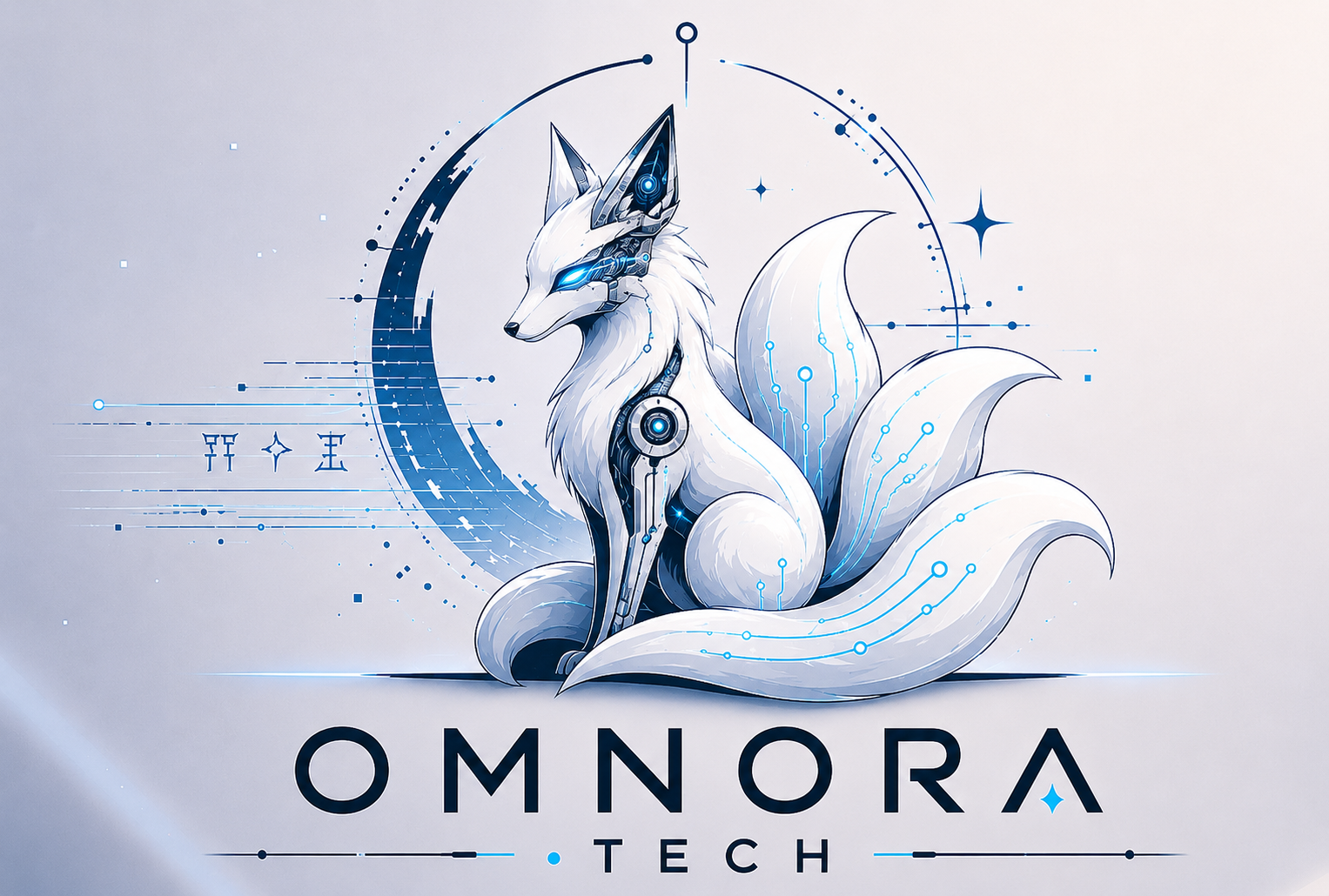 Mascote raposa branca cyborg de três caudas da Omnora.tech
